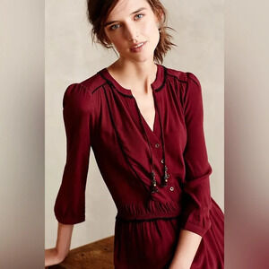 Anthropologie Burgundy Maeve Galan V Neck Dress Size Small